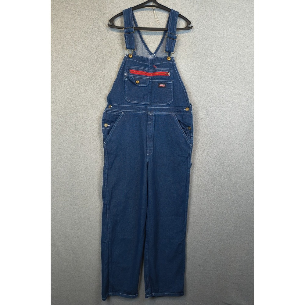 Vintage Dickies  Bib Overalls Mens Small Regular Blue Denim Red Zip Workwear